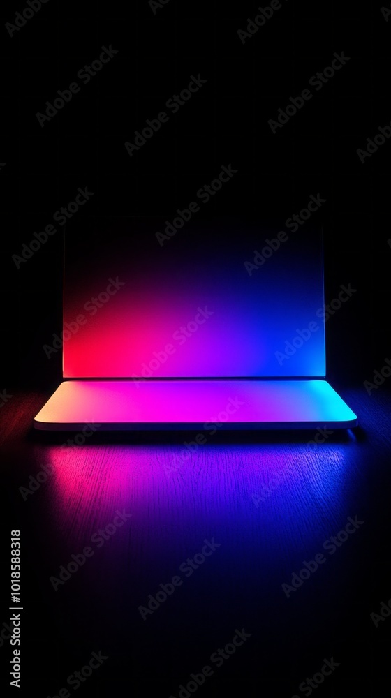 Poster a laptop with a colorful screen is lit up in a dark room