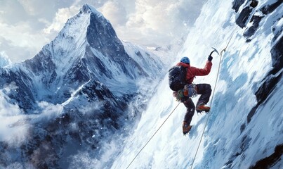 Climber scales icy mountain with ropes.
