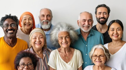 A joyful gathering of diverse adults with varying backgrounds and ages, all smiling brightly as they come together in a warm, inviting indoor space to celebrate community and connection