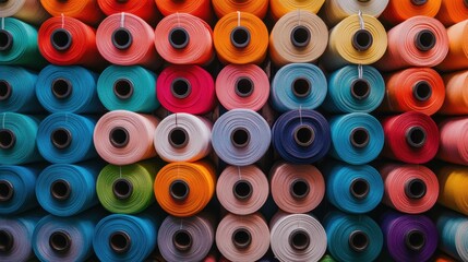 Fototapeta premium Rows of fabric rolls in bright colors neatly stacked along a wall in a textile factory, creating a colorful and vibrant backdrop.