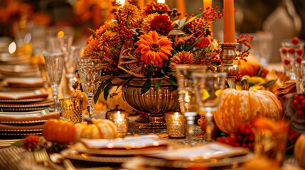 Elegant Thanksgiving table decorated with autumn tones, seasonal flowers, golden cutlery, crystal glasses, detailed napkins, and soft candlelight