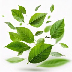Fototapeta premium Flying Green Leaves Isolated on White Background