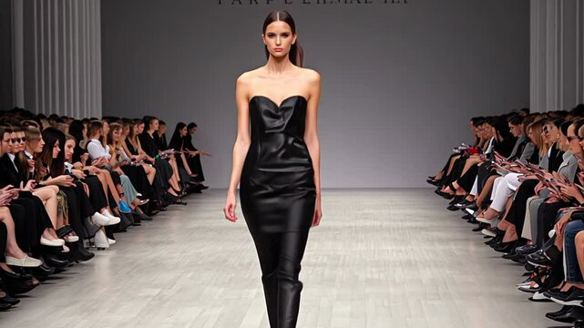 confident model walks down the runway, showcasing a sleek, black strapless dress. The audience watches intently, capturing the moment of high fashion