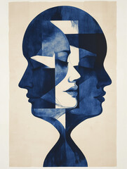 Portrait de visages emmêlés : quête du soi, réflexion sur ses sentiments et son identité, introspection, illustration humaine pour cabinet médical, troubles psychiques et santé mentale, schizophrénie