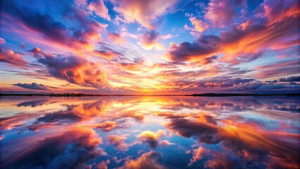Amazing sunset with pink clouds and blue sky reflected on calm water