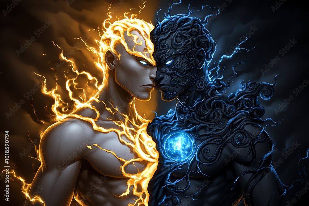 Poster Fantasy artwork of a hero split into two versions of themselves, one glowing with divine light and the other surrounded by dark magic, representing the dualism of good and evil