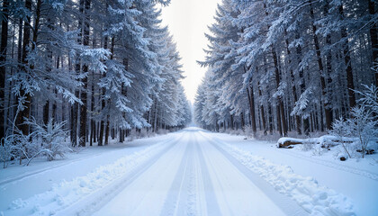 Obraz premium Snowy winter road through a forest with tall trees covered in snow
