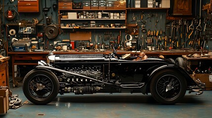 Classic Black Vintage Car in a Garage Workshop