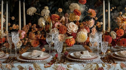 Elegant Thanksgiving table setting with autumn hues, seasonal flower centerpiece, golden cutlery, crystal glasses, candles, and intricately folded napkins for a refined atmosphere