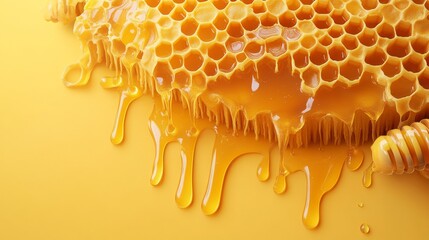 Honeycomb Dripping Golden Honey on Yellow Background