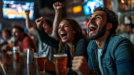 A lively group of friends celebrates and cheers at a bar, enjoying drinks and the excitement of a game on TV.