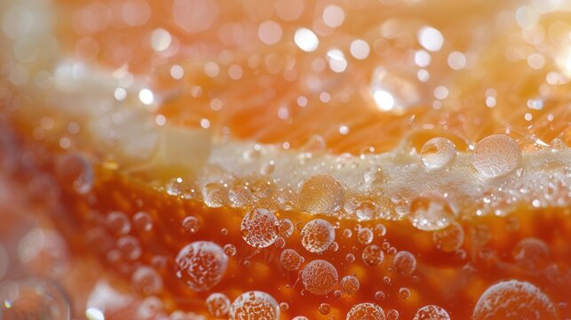 Detailed view of a translucent natsu mikan slice, calming peach background, water droplets, frosted glass blur, fresh and vibrant composition.