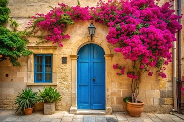 Ancient Maltese house with blue wooden door and pink bougainvillea in the wall