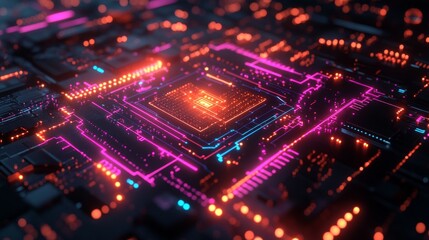 Obraz premium Close-up of a Glowing Circuit Board with a Central Processor