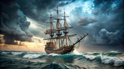 Obraz premium Ancient sailing ship on stormy sea