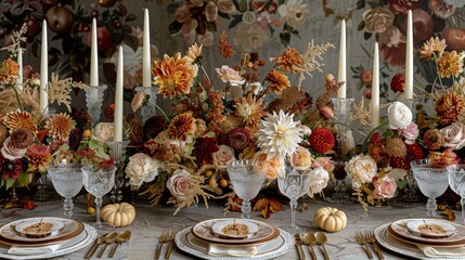 Luxurious Thanksgiving tablescape with autumn colors, golden cutlery, crystal glasses, floral centerpiece, and folded napkins in intricate designs