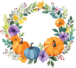 Watercolor Pumpkin Autumn wreath with flowers Halloween Thanksgiving