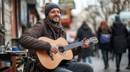 A talented guitarist plays heartfelt melodies on a lively urban street. Surrounded by passersby, he shares joy through music, bringing warmth to the chilly atmosphere