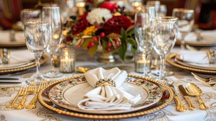 Sophisticated Thanksgiving table with golden cutlery, crystal glasses, seasonal flowers, candles, and detailed napkins in rich autumnal tones