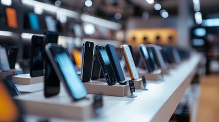 Fototapeta premium A showcase of various smartphones displayed in a retail environment, highlighting modern technology and design in a well-lit store.
