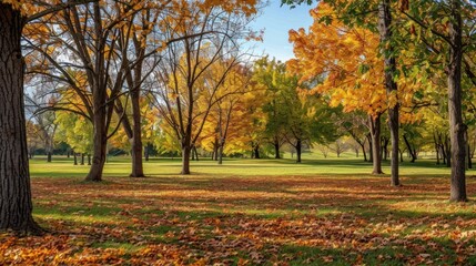 Autumnal Park Landscape with Golden Trees