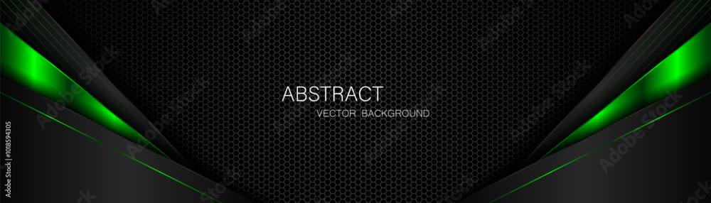 Poster abstract black and green polygon with green glow lines on dark steel mesh background with free space