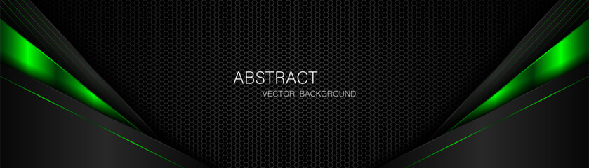 Abstract black and green polygon with green glow lines on dark steel mesh background with free space for design. modern technology innovation concept background © Natt