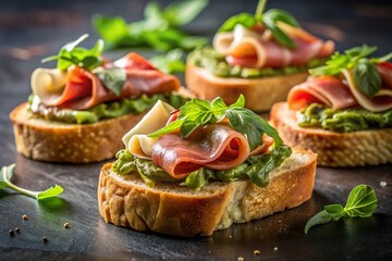 Appetizer toasts with prosciutto pesto sauce cheese and arugula
