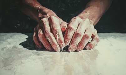 Two hands covered in white paint.