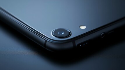 Close-up of a smartphone camera, highlighting its sleek design and lens detail against a dark background.