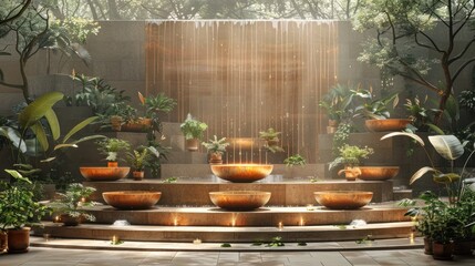 Tranquil and Secluded Outdoor Retreat with Thriving Plants Cascading Fountains and a Harmonious Zen like Ambiance  A Nourishing and Calming Sanctuary for Relaxation and Meditation