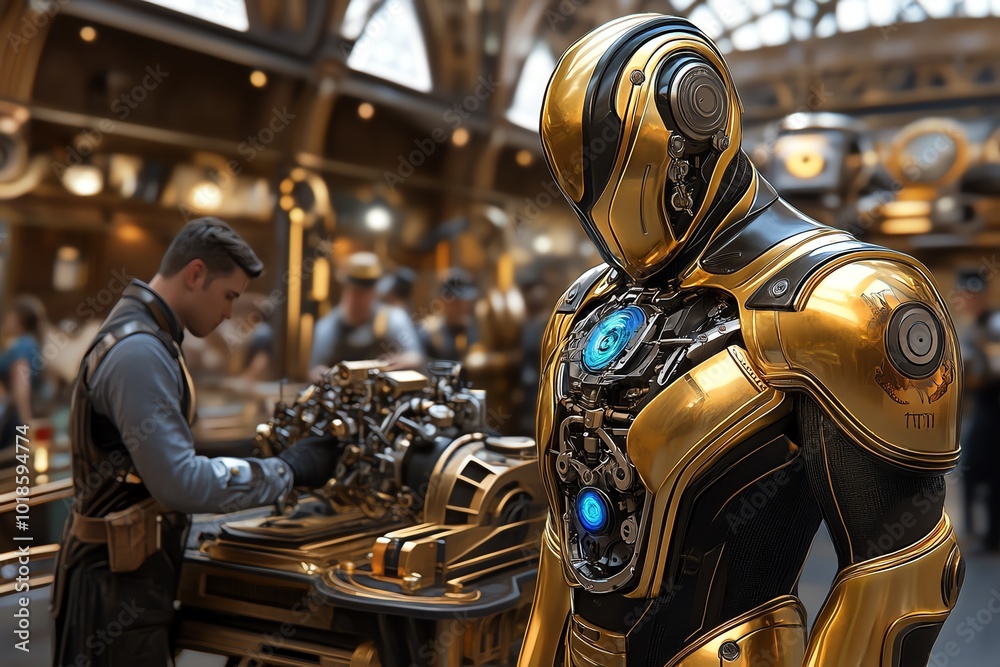 Poster fantasy artwork of a steampunk-inspired reverse engineering workshop, with engineers working on intr
