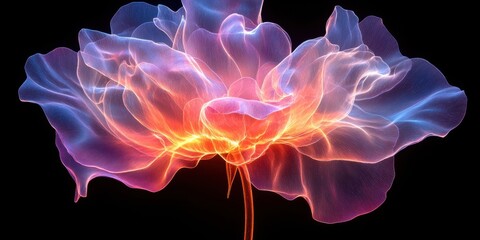 Obraz premium An ethereal flower, a delicate dance of light and shadow, glows with vibrant hues of pink, blue, and orange against a stark black backdrop