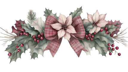 Watercolor Christmas Wreath with Poinsettia and Holly