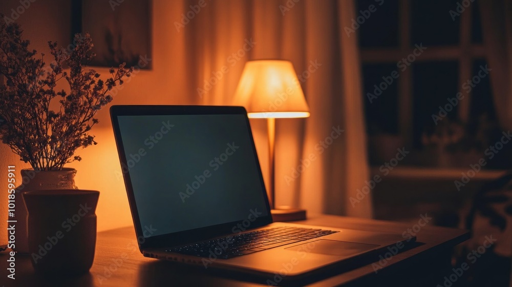 Poster a laptop is on a desk with a lamp next to it