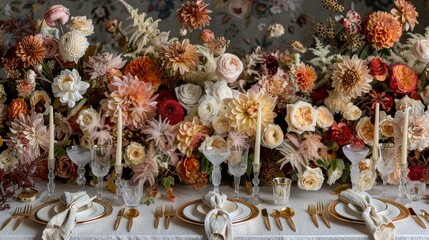 Elegant Thanksgiving table setting featuring seasonal flowers, candles, golden cutlery, crystal glasses, and detailed napkin textures in warm autumnal hues