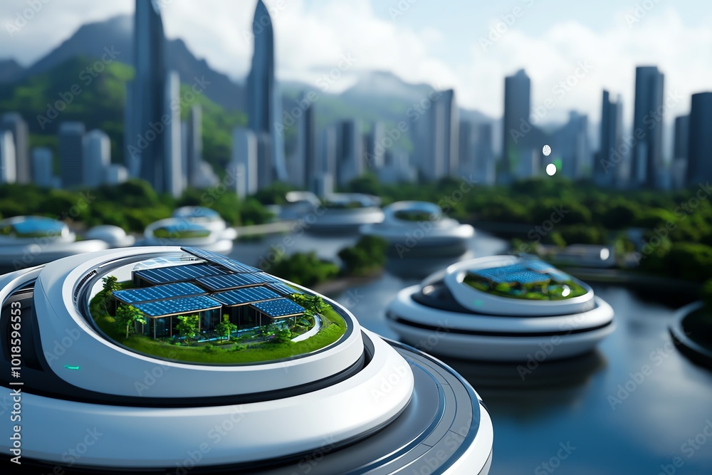 Poster fantasy depiction of a futuristic city built on floating islands, powered by renewable energy and ad