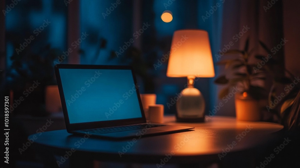 Poster A laptop is sitting on a table with a lamp next to it