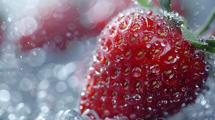 Macro shot of a whole strawberry, clean white backdrop, glistening water drops, frosted glass blur, fresh and intricate, detailed view.