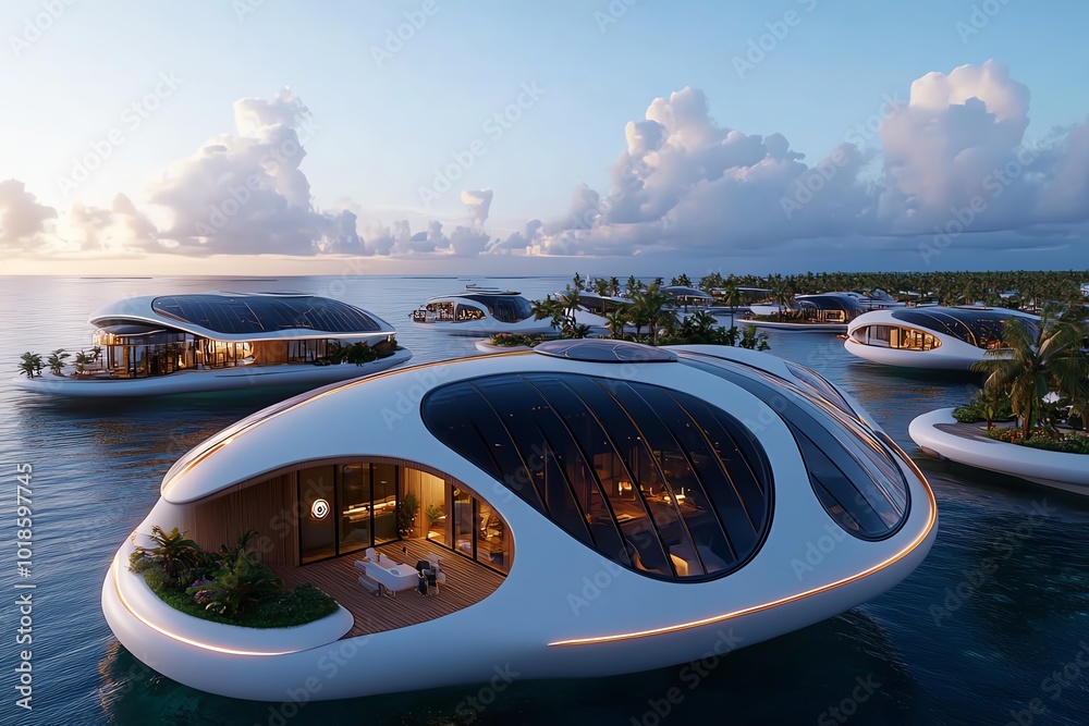 Poster fantasy depiction of a futuristic city built on floating islands, powered by renewable energy and ad