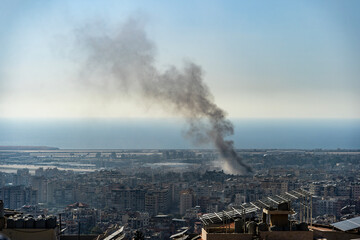 Smoke from Israeli airstrike on Beirut Southern Suburbs, Lebanon amid Hezbollah-Israel conflict in October 2024