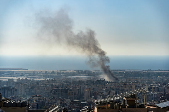 Smoke from Israeli airstrike on Beirut Southern Suburbs, Lebanon amid Hezbollah-Israel conflict in October 2024