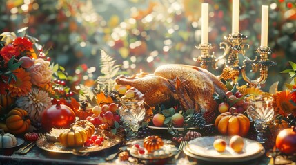 Grand Thanksgiving table setting featuring tall candle holders, gold-rimmed plates, polished silverware, and an opulent turkey surrounded by seasonal vegetables in warm, deep tones