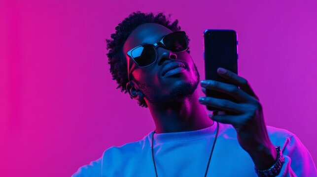 A man with sunglasses and a black cell phone is taking a selfie