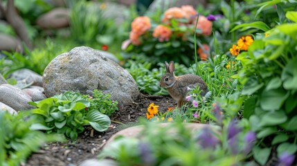 Bunny in a Colorful Flower Bed in a Garden