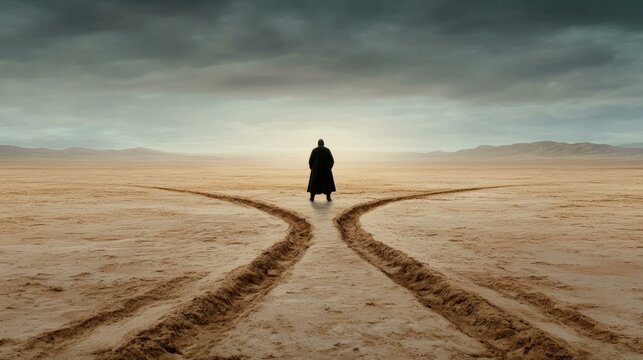 A solitary figure stands at the fork in the road in the desert