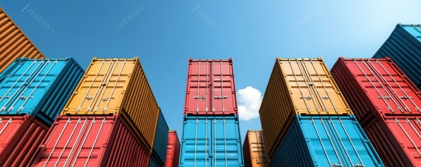Fototapeta premium Colorful shipping containers stacked against a clear blue sky.