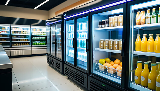illustration depicts commercial refrigeration units displayed grocery store setting featuring glass doors sleek refrigerator model often used supermarket cafes