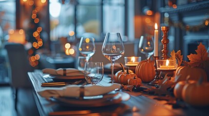 Refined Thanksgiving feast tablescape with pumpkins, artisanal plates, copper utensils, and soft candlelight for a sophisticated restaurant atmosphere