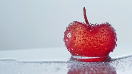 Minimalist view of a translucent acerola slice, simple white background, beads of moisture, frosted glass effect, vibrant and detailed, macro photography.